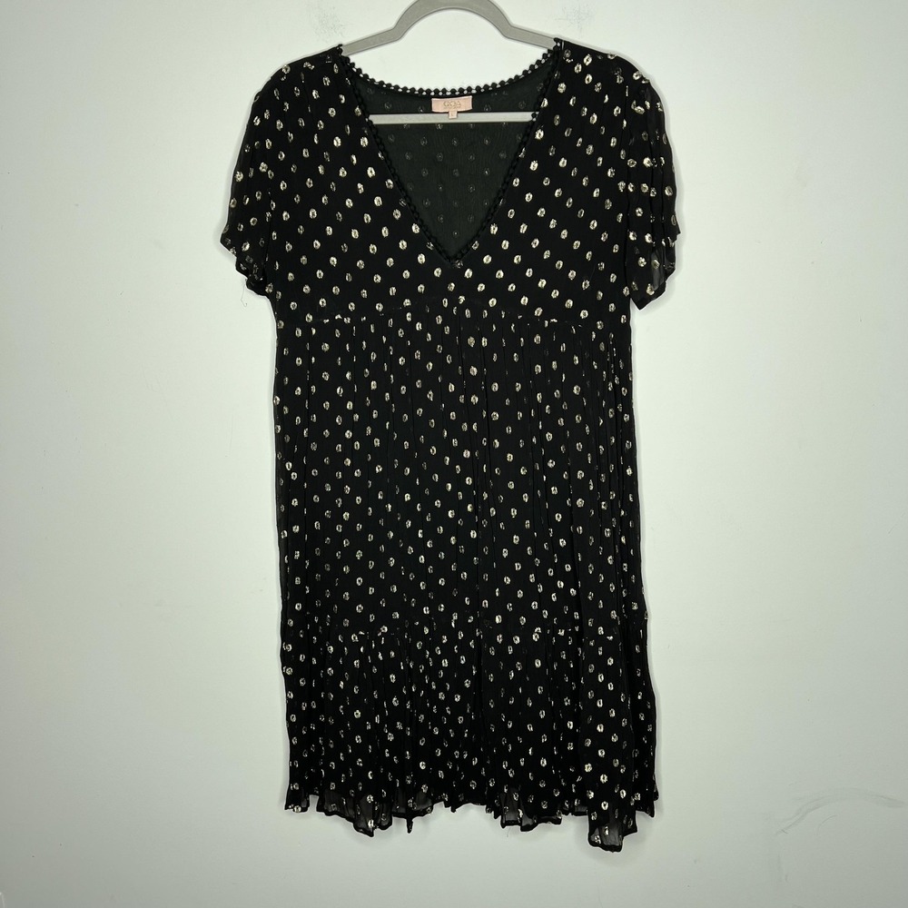 GOA Paris Collection Dress Womens Large Black Metallic Dot‎ V Neck Short Sleeve